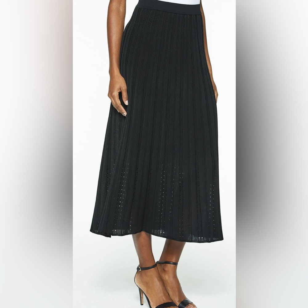 Ming Wang Pleated Pointelle Knit Midi Skirt Medium Black
